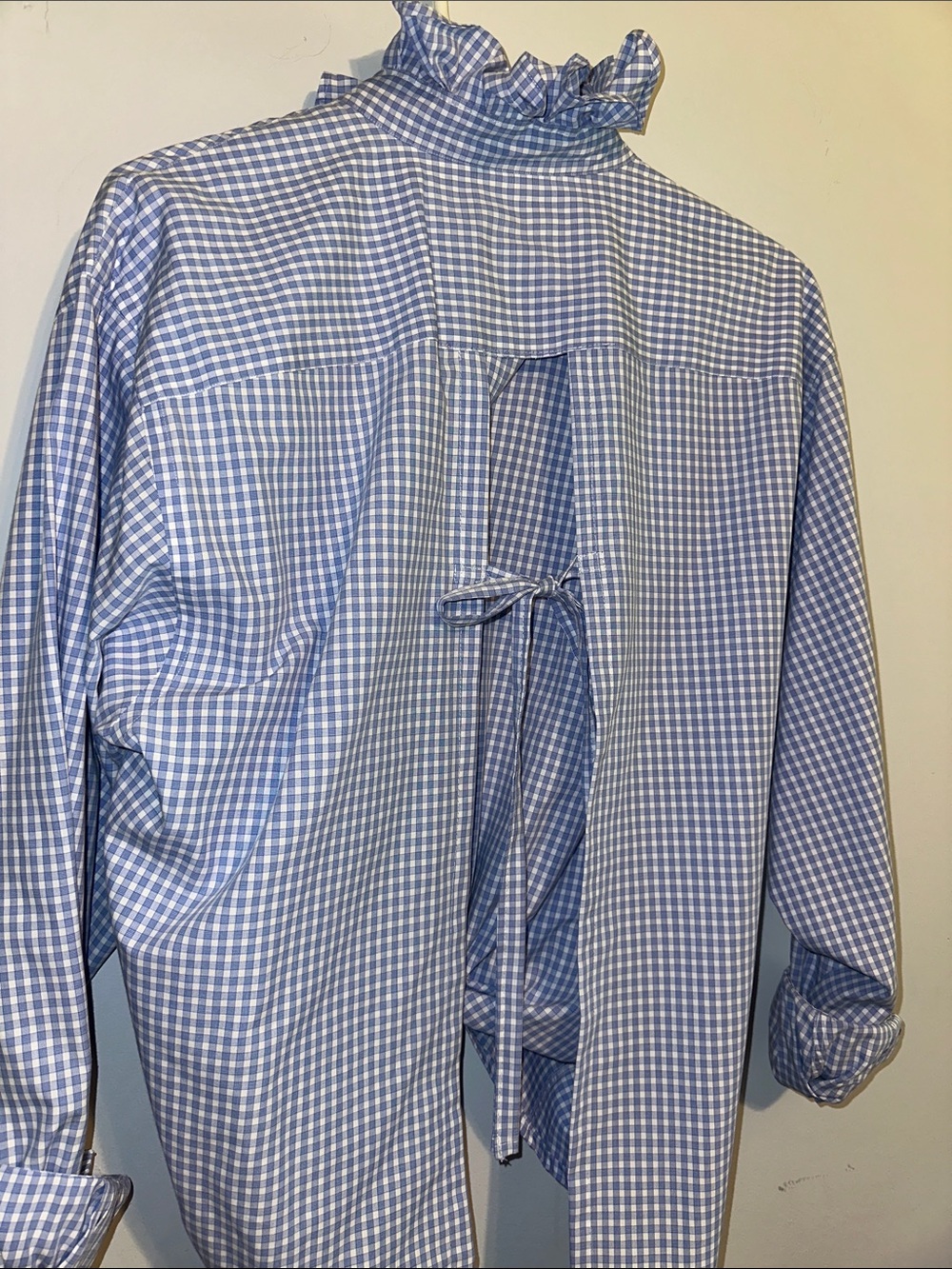 Nautica Blue Gingham Ruffle Collar Open Back Button-Down Top